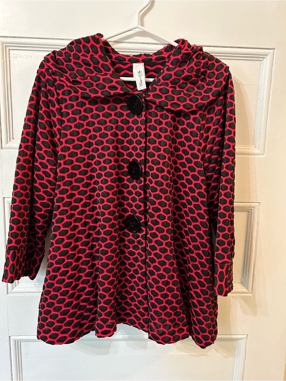 Bold Red & Black Patterned Pea Coat with Statement Buttons